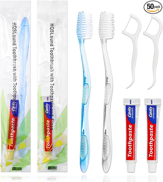 50 pcs Disposable Toothbrushes with Toothpaste Floss Individually Wrapped, 2 Color Toothbrush, 10g Toothpaste, Floss Pick, Bulk Toothbrush for Homeless,Airbnb,Hotel,Guest
