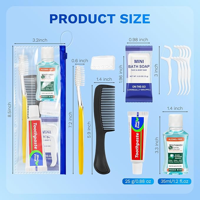 Xuezoioy Personal Hygiene Kit Bulk Pack of 10,Yellow Basic Travel Toiletry Set Disposable Toothbrushes with Toothpaste Mouthwash Floss Comb Cover and Zip Bag for Homeless,Charity,Guests