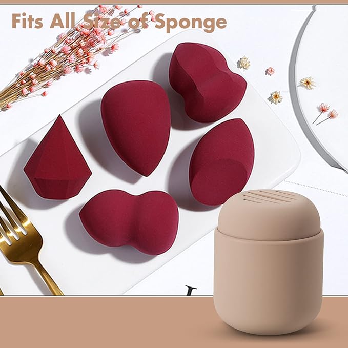 BEZOX Makeup Sponge Holder, Silicone Beauty Sponge Case with Double-Sided Vent Design for Quick Drying, Compact Travel Essentials Make Up Puff Blender Container - Khaki