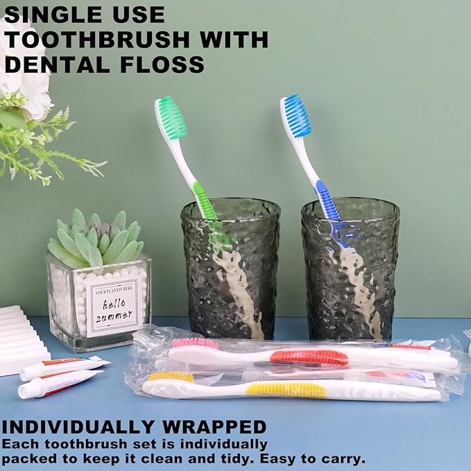 HAIFOTRVA Disposable Toothbrushes with Toothpaste and Floss,30pcs Single Use Individually Wrapped Disposable Travel Toothbrushes and Dental Floss Kit Bulk for Homeless,Airbnb,Dentist,Hotel(5 Colors)