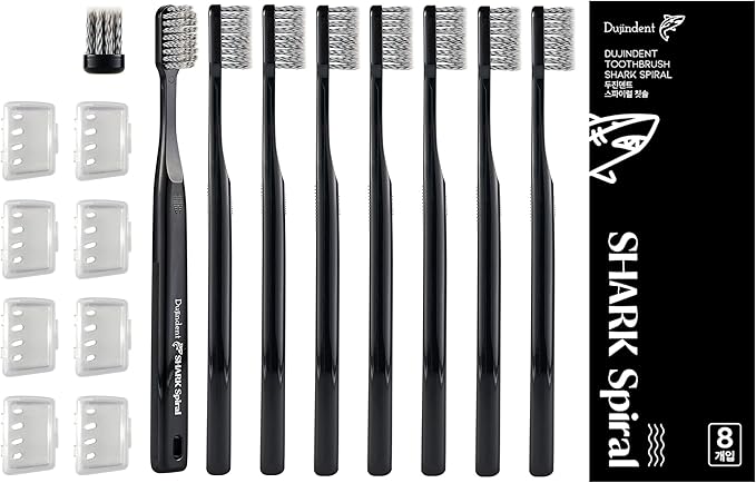 Toothbrush [Made in Korea] Shark Spiral Extra Soft Toothbrush for Plaque Removal, Gentle on Gums, Implant (8 Packs)