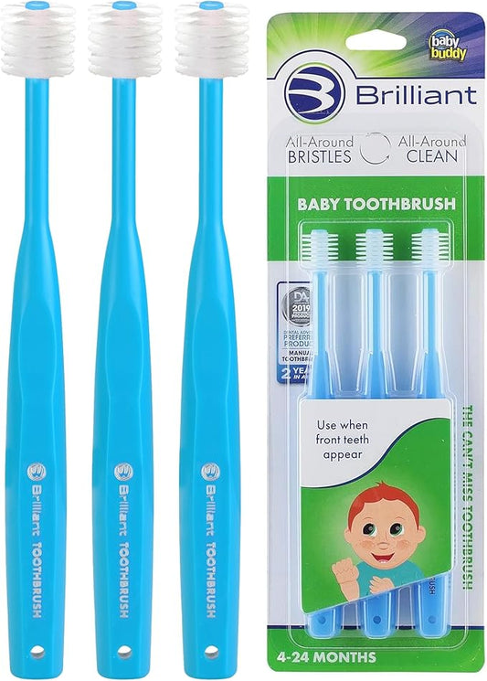 Brilliant Oral Care Baby Toothbrush with Soft Bristles and Round Head, for a Toddler Approved, Easy to Use All-Around Clean Mouth, 4-24 Months, When Front Teeth Appear, Blue, 3 Pack