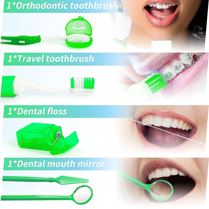 Annhua 8 Pcs Orthodontic Care Kit for Braces, Portable Braces Kit Cleaning Tools Tooth Pick Hygiene Set with Interdental Brush, Ortho Wax, Floss, Oral Mirror Included - Green