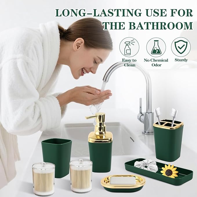 Green Bathroom Set, Bathroom Sets with Stripe Shower Curtain, Green and Gold Bathroom Accessories with Trash Can, Soap Dispenser, Soap Dish, Toilet Brush Holder, Qtip Holders for Bathroom