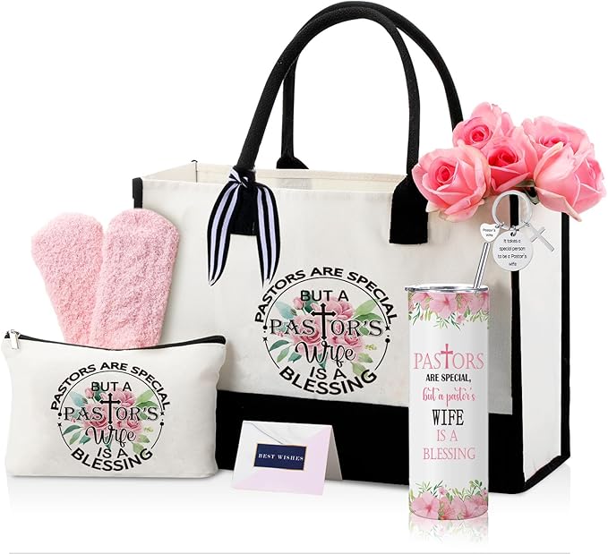 Geiserailie 8 Pcs Christmas Pastor's Wife Gifts for Women Including Large Tote Bag Cosmetic Bags Tumbler Cup Plush Socks Metal Keychain Card and Envelope for Pastor's Wife Thank You Gifts