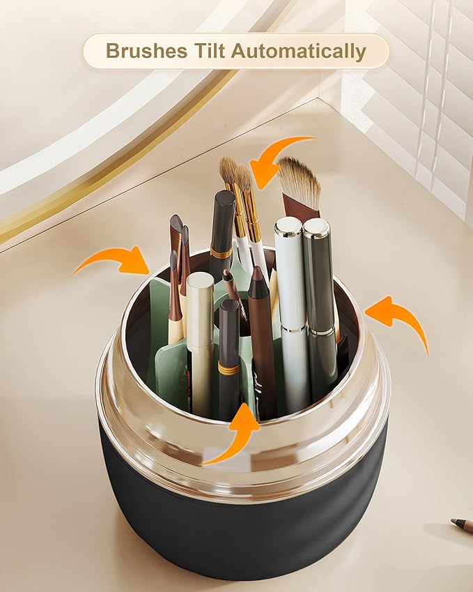 Makeup Brush Holder 360 Rotating, [Upgrade & with Cover] Makeup Brush Organizer for Vanity Countertop Bathroom (Black)