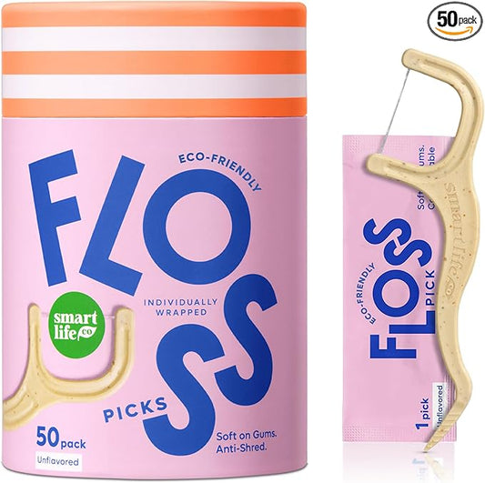 Individually Wrapped Dental Floss Picks (50ct) - Eco-Friendly Flosser Handle Made with Straw Wheat Blend | Great for Travel | PFA Free | Toothpick Stick Soft On Gums & Teeth | Vegan | Unflavored