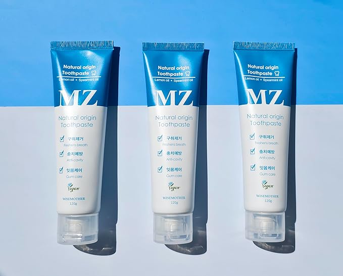 WISEMOTHER MZ Fresh Vegan Toothpaste Set – 3 Full-Size (120g) + 2 Travel-Size (20g), Fluoride-Free SLS-Free Natural Mint Toothpaste with Lemon Oil & Xylitol, Gentle on Gums