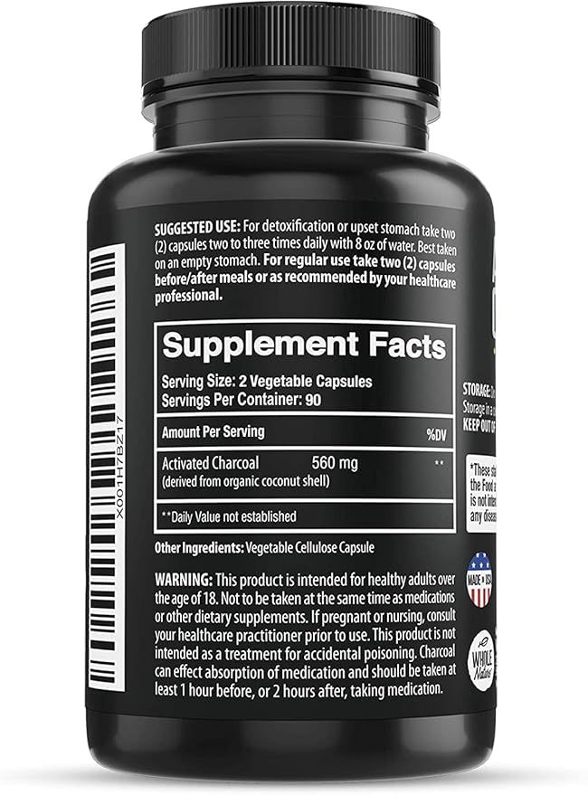 Coconut Activated Charcoal Capsules, 180 Charcoal Capsules, Teeth Whitening, Helps Constipation, Bloating, Stomach Gas, Heartburn, Pure Coconut Derived Supplement (3)