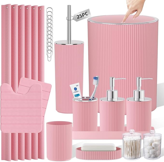 Light Pink Bathroom Accessories Set - Bathroom Sets, 25PC Bath Accessory Set, Bathroom Sets with Push Top Trash Can, Shower Curtain and Rugs, Toilet Brush, Trash Can & Soap Dispenser