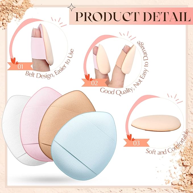 Gerrii 72 Pcs Finger Powder Puff Mini Makeup Sponge Soft Beauty Makeup Blender Puff for Foundation, Face Powder, Under Eye Setting, Concealer, Repair Cream, Cosmetic Tool (Pink, Beige, Blue, White)