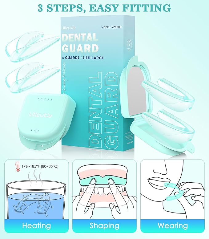 Mouth Guard for Grinding Teeth at Night, Night Guards for Teeth Grinding, 4 Pack/Large Size Moldable Dental Guard for Sleeping with 2 x 5X Mirror Mouth Guard Case, Mint Green