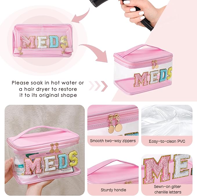 Large Waterproof Chenille Letter Medicine Clear Makeup Bag, Transparent PVC Nylon Preppy Patch Cosmetic Bag with Handle, Portable Meds First Aid Travel Organizer Cosmetic Bag (04MEDS-Light Pink)