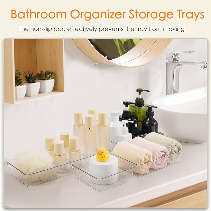 Criusia Drawer Organizer, 26 Pack Clear Plastic Drawer Organizer Bins, Versatile Organization and Storage Trays for Kitchen, Bathroom, Vanity Makeup and Office