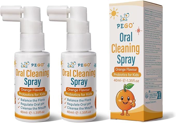 PEGO Kids Oral Spray, Toddler Toothpaste Helper for Fresh Breath，Kid's Mouth Spray with Fluoride Free for Newborn to 12 Years (2Pack, Orange)
