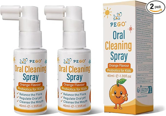 PEGO Kids Oral Spray, Toddler Toothpaste Helper for Daily Oral Care and Fresh Breath, Children Approved with Fluoride Free for Newborn to Preschoolers, Xylitol (40ml*2, Orange)