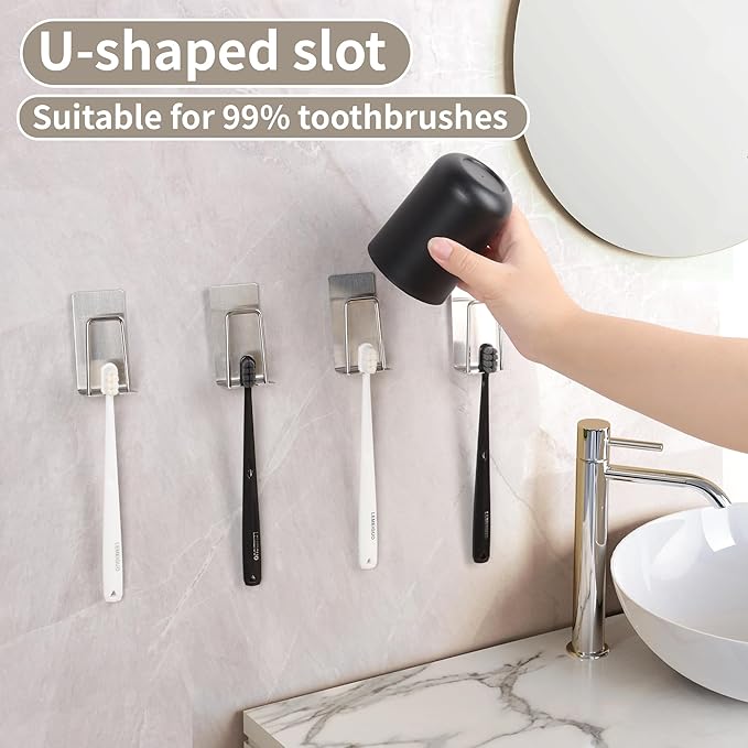 Yagoo 4 Pcs Adhesive Toothbrush Holders，304 Stainless Steel Toothbrush Holders Wall Mounted Electric Toothbrush Holder for Bathrooms Accessories (4, Silver)