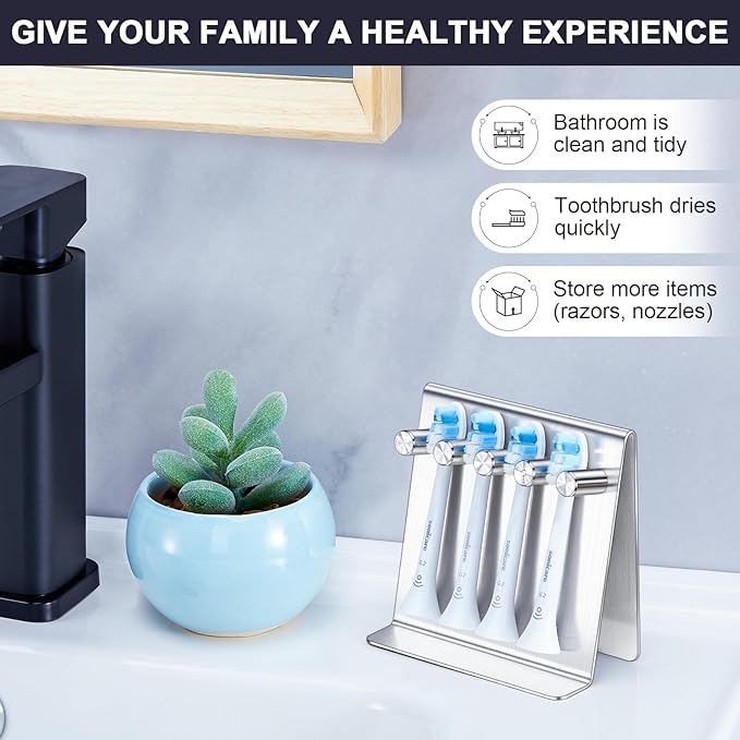 Electric Toothbrush Head Holder, Tabletop or Self Adhesive Tooth Brushing Holder, Bathroom Wall Mounted Shower Toothbrush Holders, Tooth Brush Head Storage Organiser (Silver, Large)