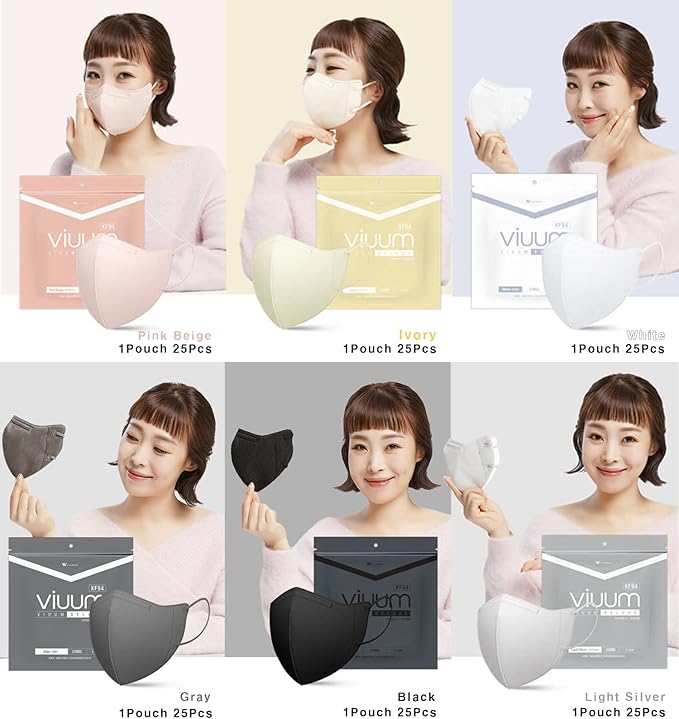 HOMSSEM [25pcs] VIUUM Deluxe Korean Face Color Mask– Soft and Durable Korea Face Mask for Adults –2D 4-Layer Filter 6Color (White-Large)