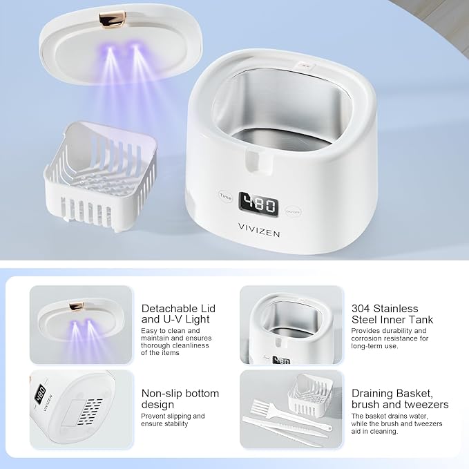 Ultrasonic Retainer Cleaner, Sonic Dental Cleaning Pod, Portable 30W/45kHz Machine for Dentures, Aligners, Braces, Mouth Guards, Jewelry (White)