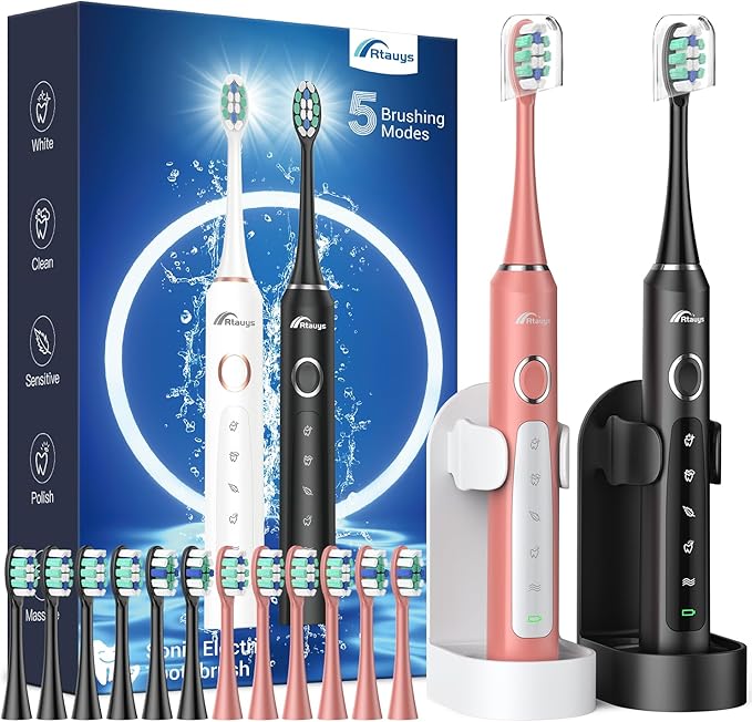 Rtauys 2 Pack Electric Toothbrush for Adults - 2 Rechargeable Electric Toothbrushes with 12 Brush Heads & 2 Travel Cases, Power Electric Toothbrush with Holder, 120 Days Battery Life - Black+Rosered