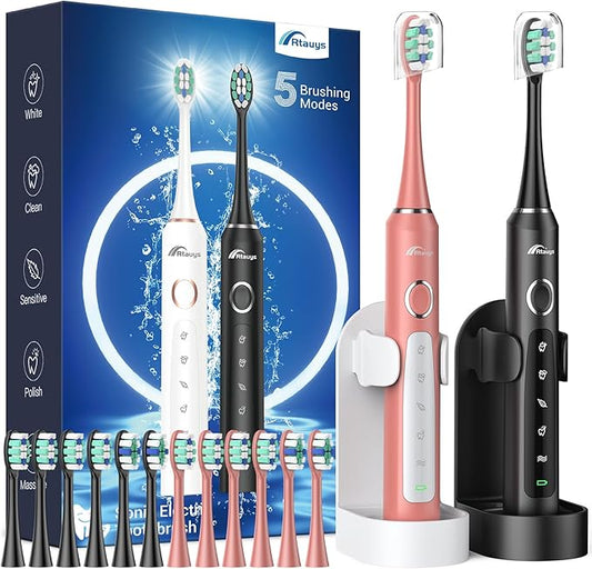 Rtauys 2 Pack Electric Toothbrush for Adults - 2 Rechargeable Electric Toothbrushes with 12 Brush Heads & 2 Travel Cases, Power Electric Toothbrush with Holder, 120 Days Battery Life - Black+Rosered