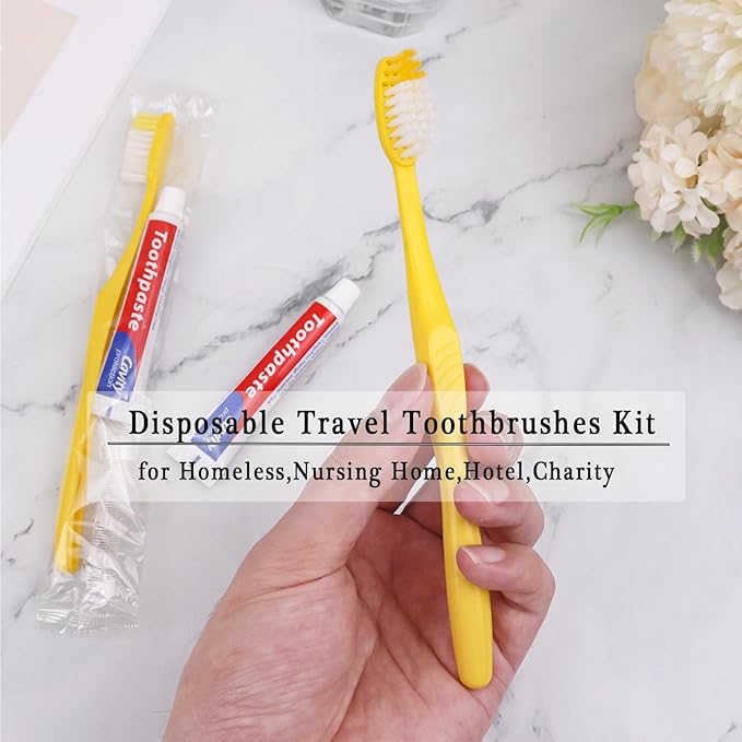 Disposable Toothbrushes with Toothpaste Pack of 200, Yellow Hollow Toothbrush with 10g Toothpaste Individually Wrapped Disposable Travel Toothbrushes Kit in Bulk for Homeless,Airbnb,Hotel,Charity