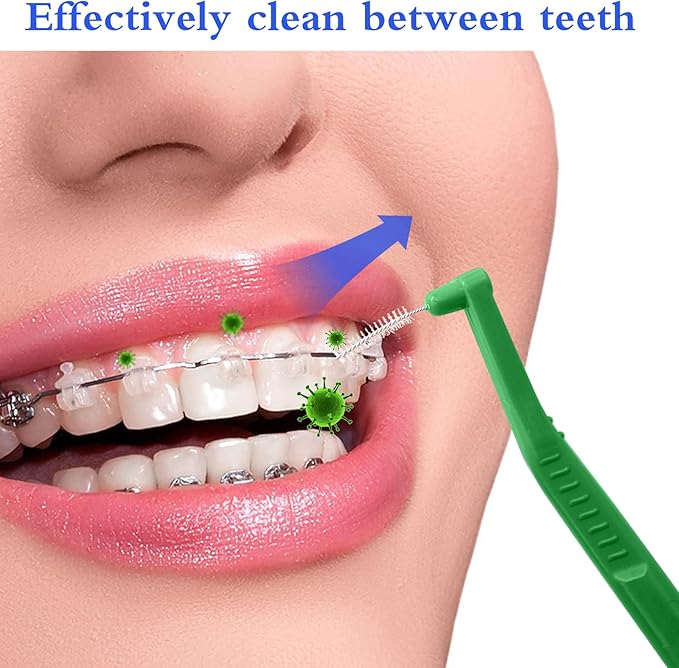Angzhili 25 Pcs Interdental Angle Brushes,Reusable Dental Cleaners,Oral Dental Hygiene Brush,Dental Toothpick Floss for Braces,Tooth Cleaning Tool (Green)