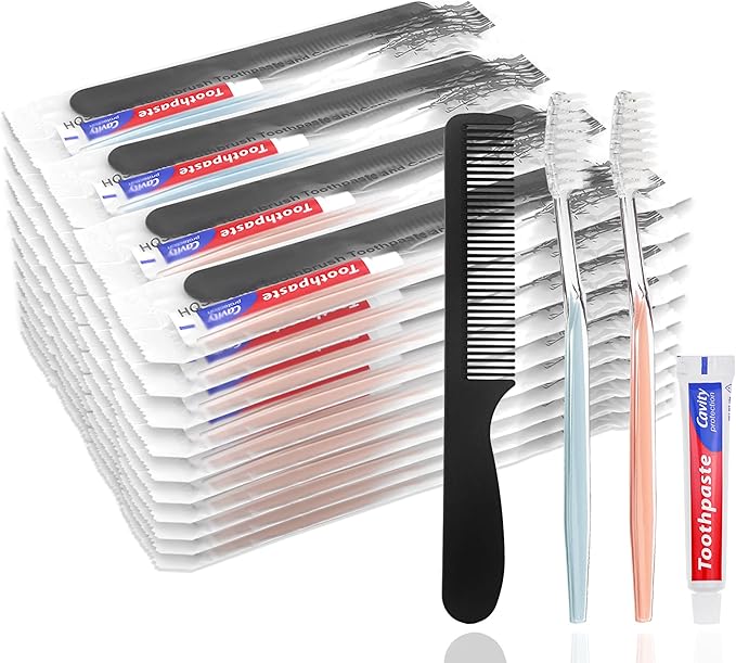 HQSLsund 50 Pack Disposable Toothbrushes with Toothpaste and Comb for Homeless Individually Wrapped,10g Travel Toothpaste,7inch Black Hair Comb, Toothbrush for Hotel,AirBnb,Shelter,Charity