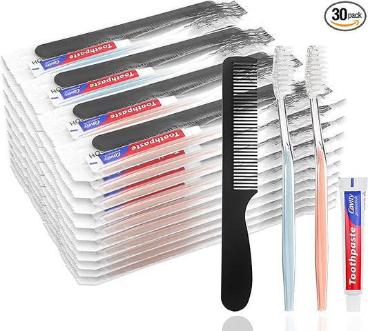 HQSLsund 30pcs Disposable Toothbrushes with Toothpaste and Comb Individually Wrapped,10g Toothpaste,7inch Black Comb, Toothbrush for Homeless, Hotel,AirBnb