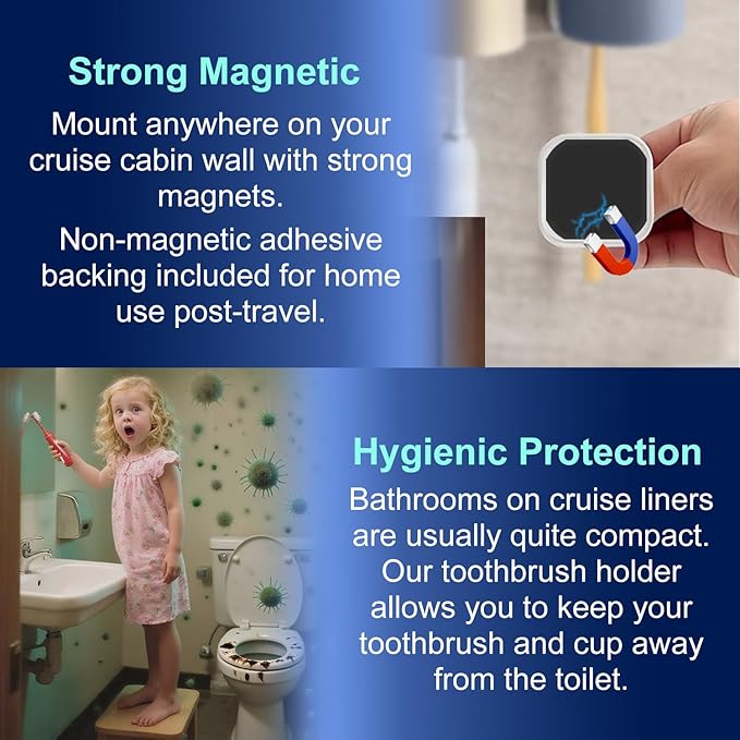 Cruise Toothbrush Holder Magnetic for Cruise Ship Bathroom – Holds 4 Toothbrushes, Toothpaste & 2 Toothbrush Cups – Compact Cruise Essentials 2025 2026 for Small Cabins – Lightweight Travel