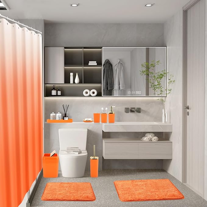 Bathroom Set - Orange Bathroom Sets with Shower Curtain and Rugs, 24PCS Shower Curtain Set with Hooks, Soap Dispenser, Soap Dish, Toilet Brush Holder and Trash Can for Housewarming