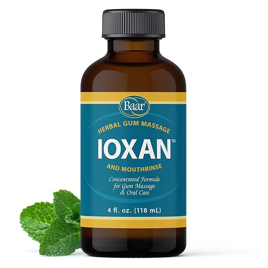 Baar Products - Ioxan Herbal Gum Massage - Oral Hygiene, Dental Health - Mouthwash, Liquid Toothpaste - Sodium Chloride, Calcium Chloride, Peppermint Oil - Relief, Circulation, Stimulation - 4 oz