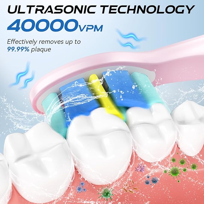 YUNCHI Electric Toothbrush Pink, Battery Toothbrush for Adults, Rechargeable Toothbrushs-8 Brush Heads, 5 Modes & 2 Min Smart Timer, IPX7 Waterproof,30 Days Battery Long,Travel Case