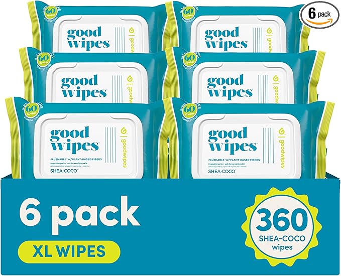 goodwipes Flushable Butt Wipes Made with Vitamin E & Aloe - Soft & Gentle Wet Wipe Dispenser for Home Use, Septic & Sewer Safe - Largest Adult Toilet Towelettes - Shea-Coco, 360 Count (6 Packs)