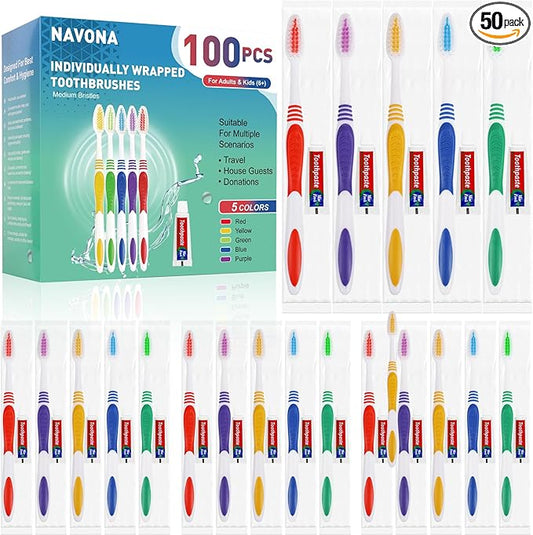 Navona 100 PCS Disposable Toothbrush with Toothpaste Bulk, Travel Toothpaste, Bulk Toothpastes, Individually Wrapped Bulk Toothbrush, Ergonomics Handle,Medium Soft Bristle, Perfect for Travel, Hotel