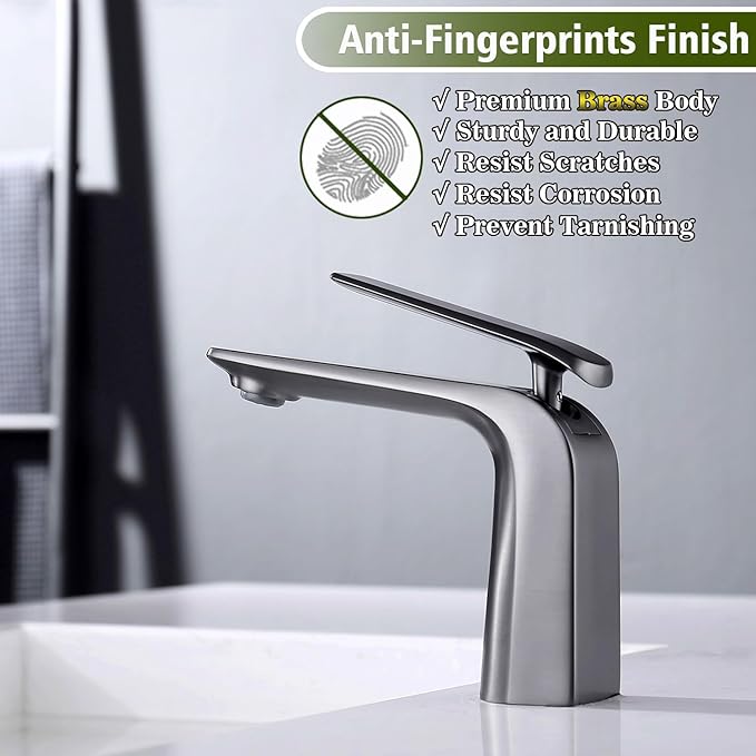 TOCALOCA Bathroom Basin Faucet Gun Grey Modern Bathroom Vanity Sink Faucets Brass, One Hole Single Handle Lavatory Faucet Bath Mixer Taps