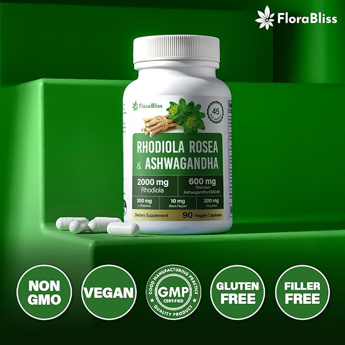FloraBliss Rhodiola Rosea 2000mg with Ashwagandha KSM-66, L-Theanine, Holy Basil & BioPerine - 90 High Potency Vegan Capsules - Herbal Adaptogen for Energy & Wellness - No Artificial Additives