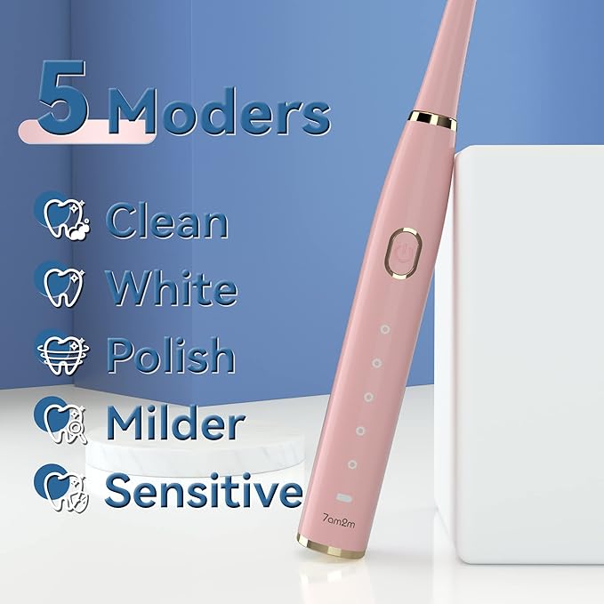 7AM2M Sonic Electric Toothbrush for Adults and Kids- High Power Rechargeable Toothbrushes with 8 Brush Heads,5 Adjustable Modes, Built-in 2-Minute Smart Timer,4 Hours Fast Charge for 30 Days(Pink)