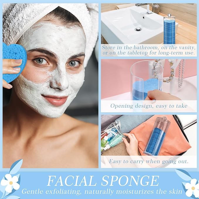 Sieral 120 Pcs Compressed Facial Sponges with Container Disposable Face Sponge Pads for Washing Face Cleansing Exfoliating Esthetician Makeup Removal(Heart,Dark Blue)