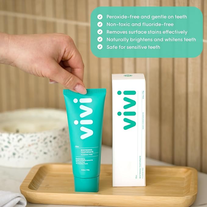 vivi Nano Hydroxyapatite Fluoride Free Whitening Toothpaste, Remineralizing Enamel w/Sensitivity Relief, Antiplaque, Gently Removes Stains, Mint Flavor, 4oz 1pk