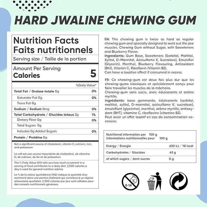 Jawliner® Hard Jwaline Chewing Gum - Sugar Free Blueberry Tough Jaw Gum - Jaw Exerciser Strong Mewing Jawline Mistic Gum - 2x Harder than Regular Chewing Gum 330 Grams (120 Strips)