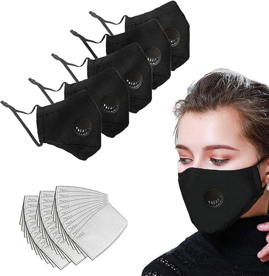 Star&Moon 5 washable and reusable black cotton protective covers, equipped with 30 activated carbon filters (unisex) for the front cover of the breathing valve to prevent pollen, dust and pet dander