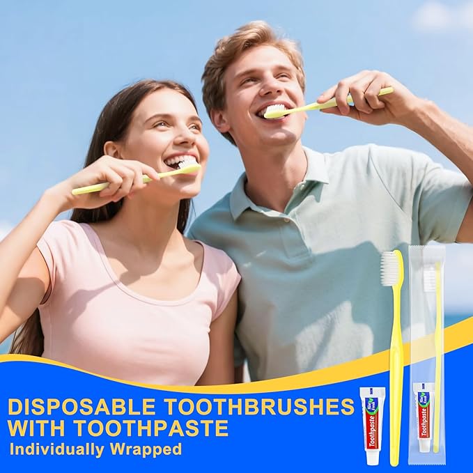 Yellow Disposable Toothbrushes with Toothpaste - Pack of 30,Individually Wrapped Single Use Travel Toothbrushes Kit Bulk for Homeless,Guests,Hotel,Dentist
