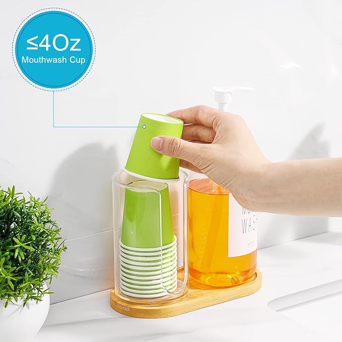 VITVITI Mouthwash Dispenser for Bathroom, Mouth Wash Pump Bottle with Paper Cup Holder, 17Oz Refillable Clear Mouthwash Container with Bamboo Lid/Tray/Label