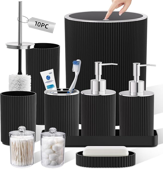 Black Bathroom Accessories Set, 10PC Bathroom Set, Bath Accessory with Pop Up Trash Can, Soap Dispenser, Toilet Brush, Toothbrush Set Qtip Holders & Tray