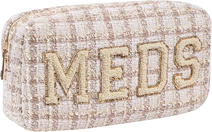 Personalized Chenille Letter Patch Checkered MEDS Bag,Cute Plaid Patter Drug Medicine Travel Makeup Bag with Zipper, Preppy Vitamin Organizer Bag for Women and Girls (06Beige Checkered)