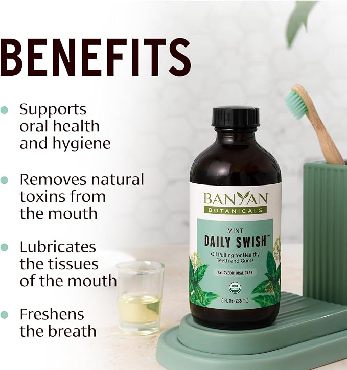 Banyan Botanicals Mint Daily Swish – Organic Ayurvedic Pulling Oil with Coconut Oil – Mouthwash for Fresh Breath and Sparkling Oral Health* – 2 oz – Non GMO Sustainably Sourced Vegan