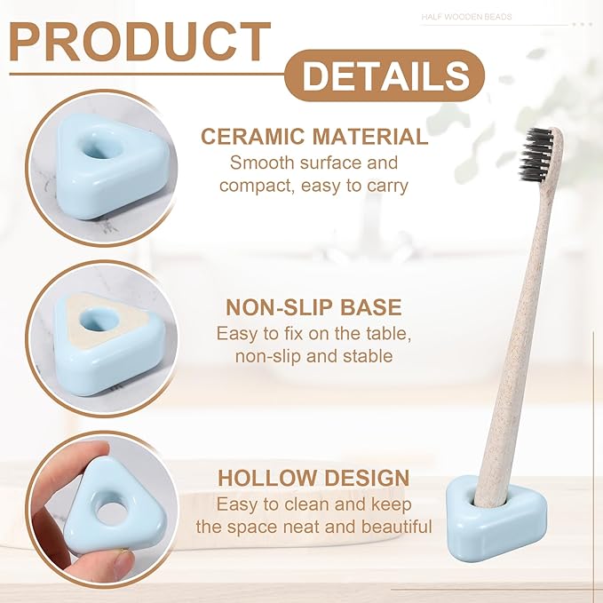uxcell 2 Pcs Mini Ceramics Toothbrush Holder Stands, Sleek Mini Countertop Toothbrush Triangle Shape Ceramic Holder Stand for Bathroom Vanity Countertops, Blue