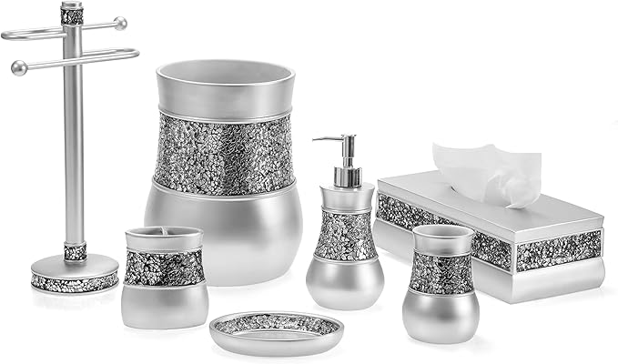 Crackled Glass Silver Tissue Box Cover Rectangular - Decorative Bling Tissue Box Holder with Beautiful Mosaic Glass - Elegant Tissue Holder for Bathroom with Durable Bottom Slider (Silver Collection)